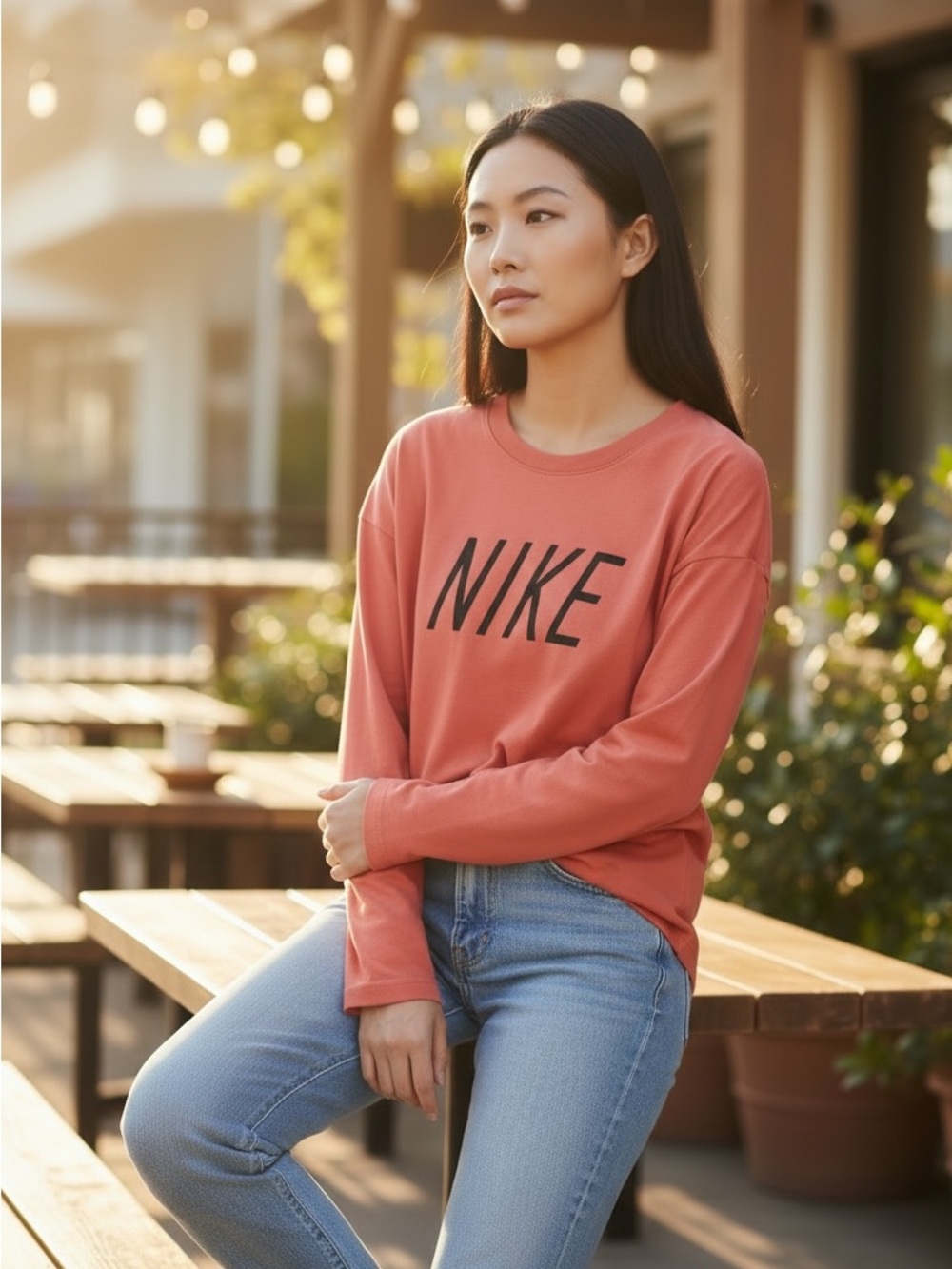 Nike Soft Long Sleeve Coral Crewneck with Black Logo • L